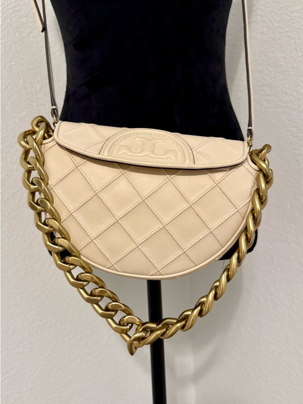 Tory Burch Cream Mini Fleming Crescent Bag with Gold Chain - Picture 5 of 17